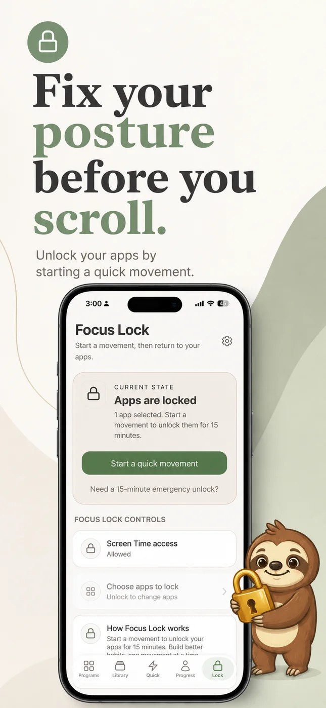 Olly's Focus Lock screen on an iPhone, with one app locked until the user starts a posture movement